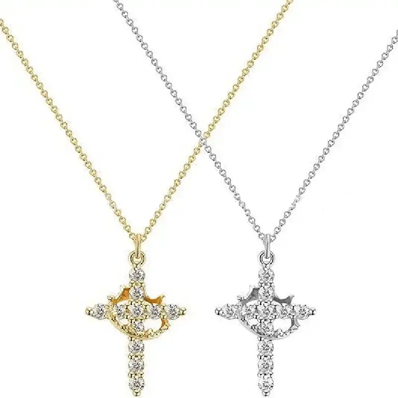 【Freeship】18K Simple Crown & Cross Pendant Choker Necklace For Women & Men & Girls Pretty Crown Cross Necklace For Daily ...