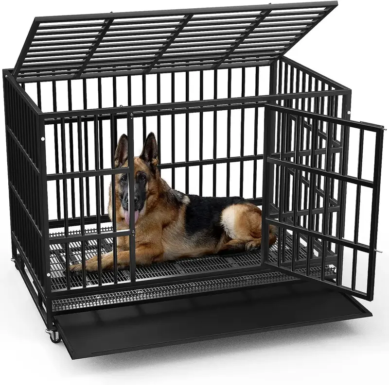 LEMBERI 48/38 inch Heavy Duty Indestructible Dog Crate, Escape Proof Dog Cage Kennel with Lockable Wheels,High Anxiety Double...