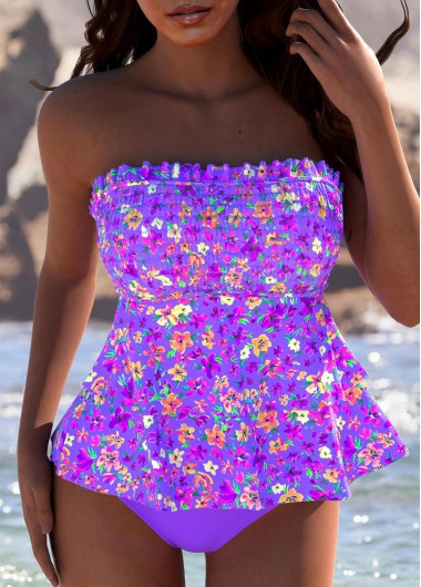 Modlily Mid Waisted Ditsy Floral Print Light Purple Tankini Set - M