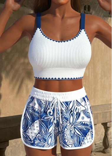 Modlily Contrast Binding Tribal Print Blue Bikini Set - L