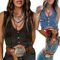 Tank Top For Women,Women'S Summer Denim Tank Tops Solid Color Sleeveless V-Neck Button FrontVest Fashion Waistcoat