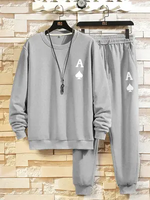 Men's Playing Card Print Sweatshirt & Drawstring Waist Sweatpants Set, Regular Fit Casual Long Sleeve Pullover & Pants, Outfi...