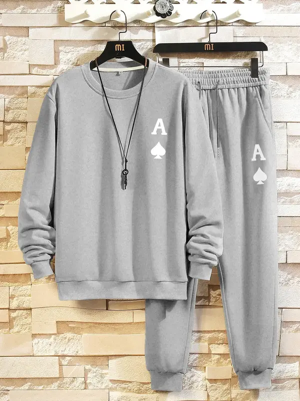 Men's Playing Card Print Sweatshirt & Drawstring Waist Sweatpants Set, Regular Fit Casual Long Sleeve Pullover & Pants, Outfi...