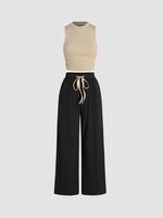 Two-piece Set Women's Ruched Knit Tank Top & Drawstring Waist Pants Ribbed Set, Mufti Clothes, Casual Fabric Sleeveless Top &...