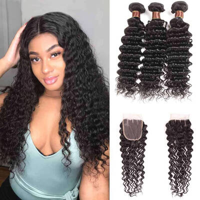 Deep Wave Hair 3 Bundles With 4*4 Lace Closure Brazilian Hair Weave-AshimaryHair.com