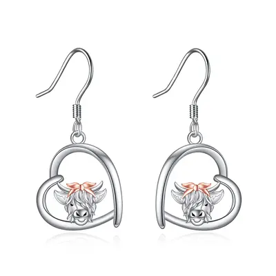 Sterling Silver Two-tone Highland Cow & Heart Drop Earrings