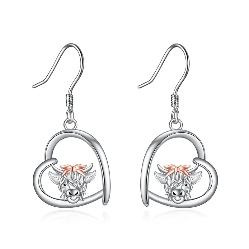 Sterling Silver Two-tone Highland Cow & Heart Drop Earrings