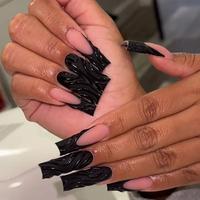 3D Gel Stripe Nail Art Kit, 24pcs/set Long Square Press on Nails for Women & Girls DIY Nail Art, Elegant Stick on Nails Kit,...