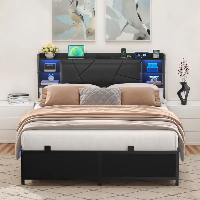 Upholstered Bed Frame with Soft PU Leather Headboard, Modern Storage Design, Intelligent RGB LED Lights, Luxury Comfort for B...