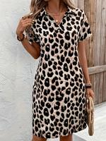 Women's Leopard Print Batwing Sleeve Dress, Casual Short Sleeve Collared Summer Dresses for Women, Ladies Clothes for All Sea...
