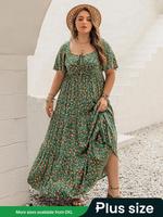 【Plus Size】floral Print Ruffle Trim Tie Front Dress, Boho Butterfly Sleeve Square Neck A Line Dress for Beach Vacation Ho...