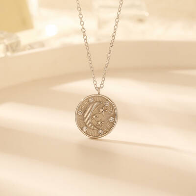 Stylish Stainless Steel Flat Round with Moon Pendant Necklaces for Women's Daily Wear