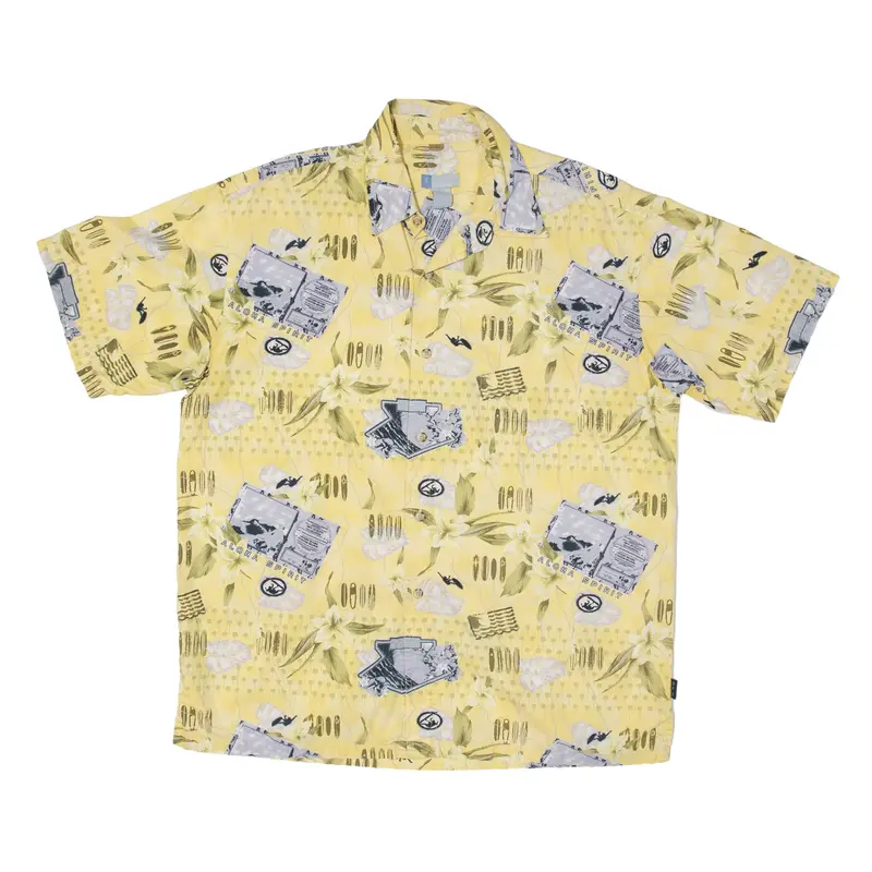 HALF MOON BAY Aloha Spirit Postcard Hawaiian Shirt Yellow Floral Short Sleeve Mens L