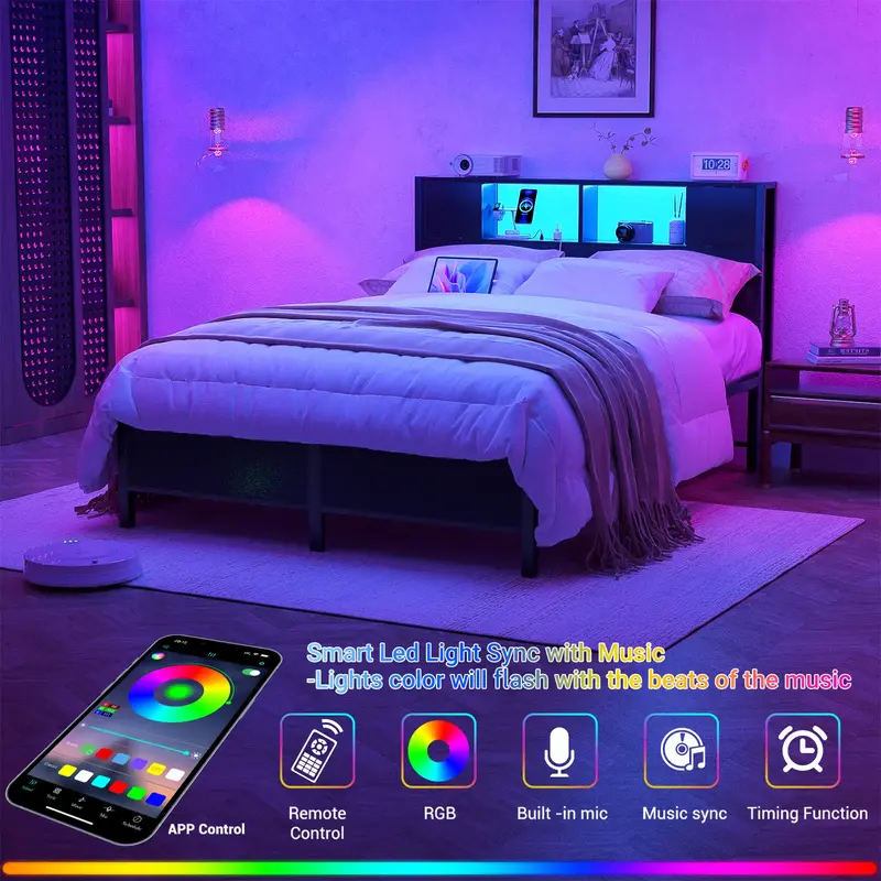 Cyclysio Full Size Bed Frame with Storage Headboard and Charging Station, Luxury Cool Bed Frame with LED Lights, Steel Slat S...