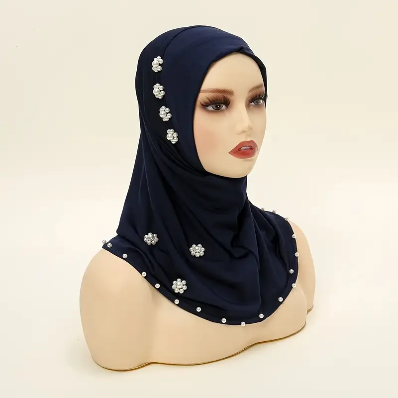 Elegant Polyester Hijab with Floral Bead Embellishments, Breathable, Fitted, Stretchable, Yarn-Dyed Headscarf, with Sunscreen...