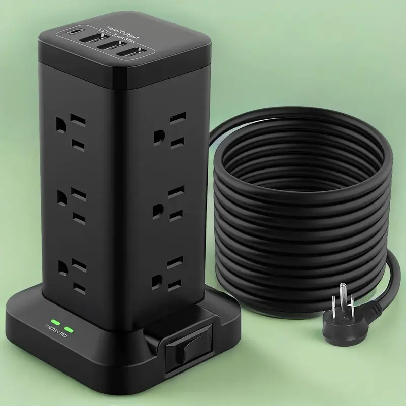 Power Strip Tower with 5.9ft Extension Cord, 12 AC & 3 USB A Ports & 1 USB C Port Surge Protector Power Strip, Space-saving H...