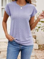 Women's Plain Eyelet Embroidery Batwing Sleeve Tee, Basic Casual Cap Sleeve Round Neck T-shirt for Daily Wear, Ladies Clothe...