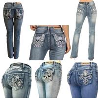 Skull McBling Bootcut Jean Stretch Rhinestone Y2k Rock emo goth Streetwear Mid Waist biker Denim Retro Crystal plusize bootcu...