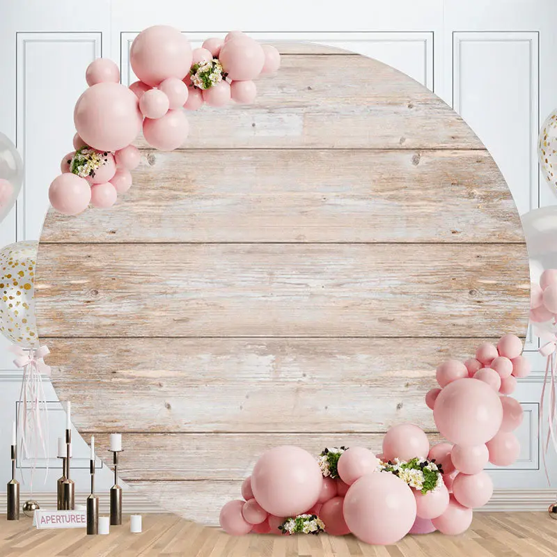 Aperturee Light Brown Round Birthday Party Wooden Backdrop