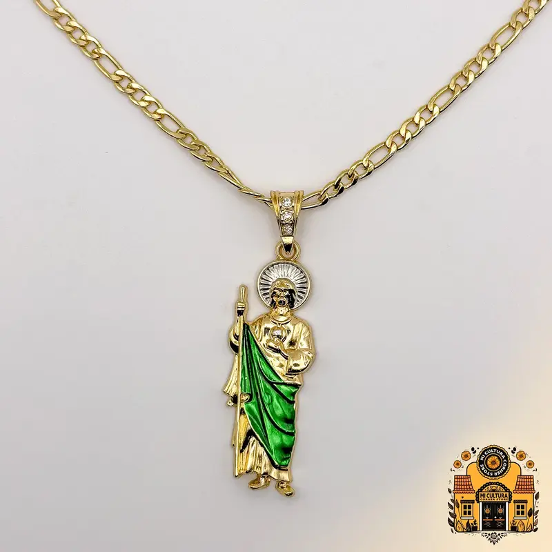 14K Gold Plated St. Jude Necklace with Green Robe and Silver Halo - Figaro Chain San Judas Pendant / Collar de San Judas Tade...