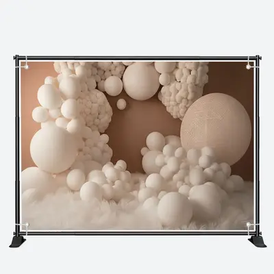 White Balloons And Feather Beige Birthday Backdrop - Aperturee