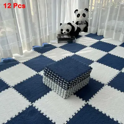 Solid Color Plush Floor Mat, 12pcs/set Fluffy Square Thickened Interlocking Carpet, Non-slip Soft Area Rug for Home Playroom ...