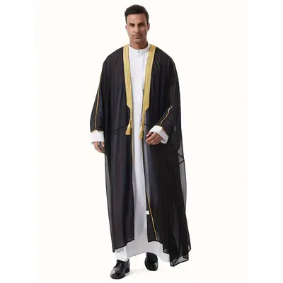 Arab Muslim Men Long Sleeve Robe with Golden Lace Tassels Open Front Abaya Middle East Saudi Mens Fashion men s modest clothi...