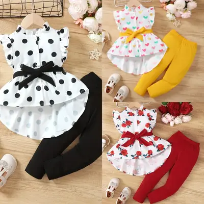 Ready Stock 18m-6t Baby Girls Clothes Polka Dot Print Belted Sleeveless Stand Collar Tops Elastic Long Pants 2Pcs Outfits 312...