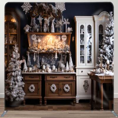 Aperturee Snowy Christmas Kitchen Photo Booth Fabric Backdrop | Christmas Photoshoot Backgrounds | Christmas Photo Backdrop |...