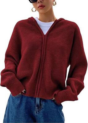 Women's Zip Up Hooded Cardigan Sweater Knitted Drop Shoulder Fall Hoodies Outerwear