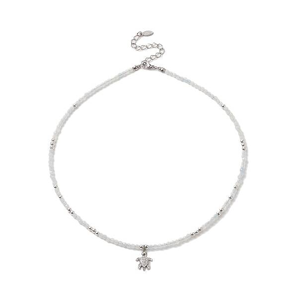 Clear Cubic Zirconia Tortoise Pendant Necklace with Natural Aquamarine Beaded Chains for Women