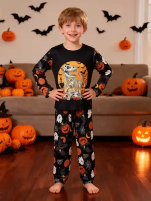 Boy's Halloween Print Pajama, Casual Comfy Round Neck Long Sleeve Top & Trousers, Boys Sleepwear for Halloween