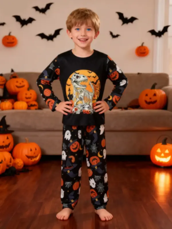 Boy's Halloween Print Pajama, Casual Comfy Round Neck Long Sleeve Top & Trousers, Boys Sleepwear for Halloween