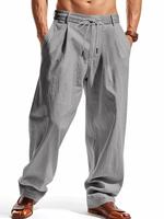 Men's Solid Color Linen Pants, Regular Fit Casual Comfy Wide Leg Trousers for Spring & Fall, Men Bottoms for Daily Wear, Rela...