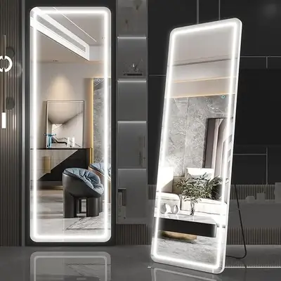 Mirror Full Length Standing Mirror with LED Lights, 64x21 Lighted Floor Mirror with Stand, w/Dimming & 3 Color Lighting, ...
