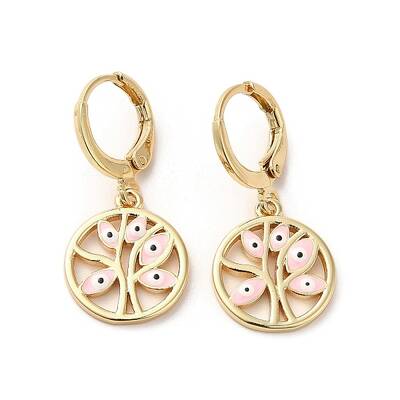 Tree with Evil Eye Real 18K Gold Plated Brass Dangle Leverback Earrings