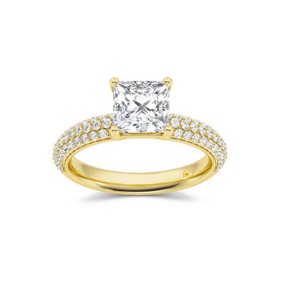 Delos Triple Row Pavé Set Princess Cut Lab Grown Diamond Engagement Ring | 14K Yellow Gold 4 1/4 CT. TW.