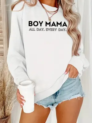 Women's Letter Print Round Neck Sweatshirt, Casual Fashion Drop Shoulder Long Sleeve Crewneck Pullover for Daily Wear, Ladies...