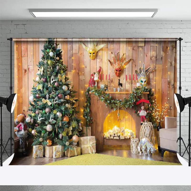 Wooden House Tree Gifts Fireplace Christmas Backdrop - Aperturee