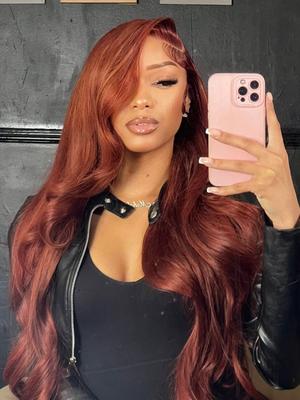 16inch 6x4.5 Pre-Cut Lace 200% Density Trendy Color Reddish Brown Body Wave Put On And Go Wig