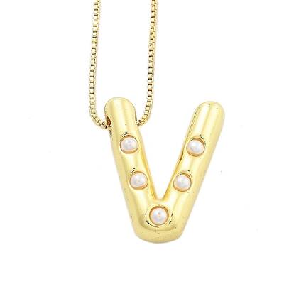 Brass & Plastic Pearl Letter Pendant Box Chain Necklaces for Women
