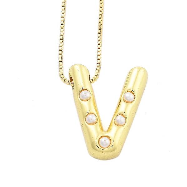 Brass & Plastic Pearl Letter Pendant Box Chain Necklaces for Women