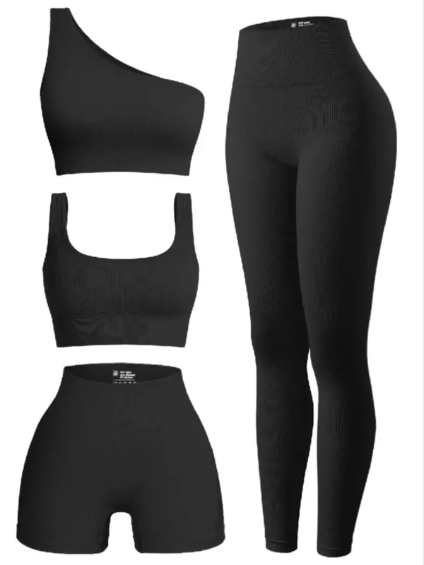 Women's Solid Tracksuit Set, Sporty One Shoulder Crop Top & High Waist Leggings & Crop Tank Top & Skinny Shorts Set, Back-to-...