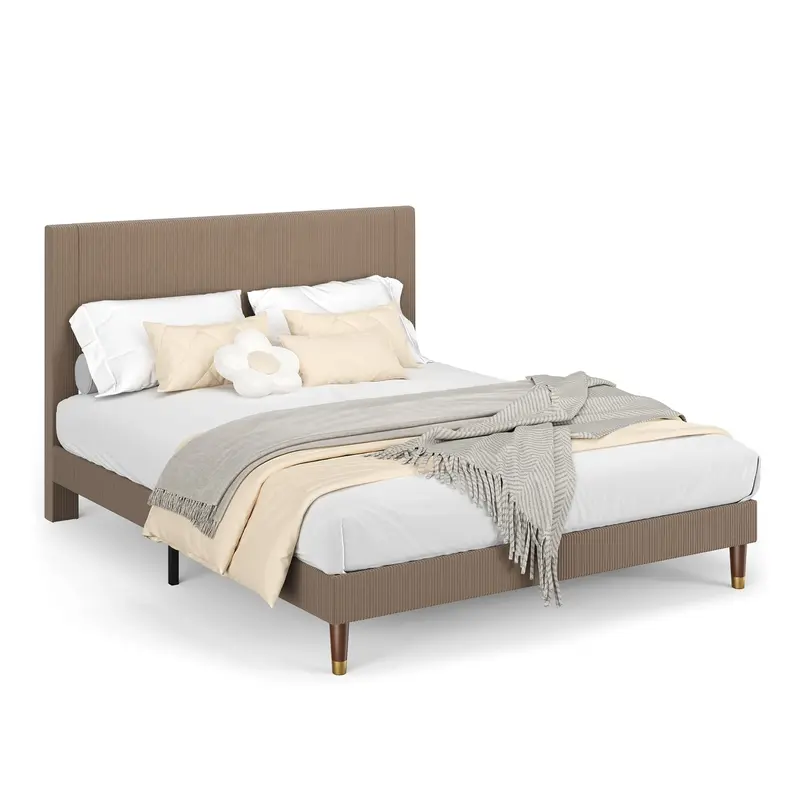 Garvee Full Bed Frame with Headboard, Corduroy Upholstered Platform Bed with Wooden Slats Support - No Box Spring Needed & No...