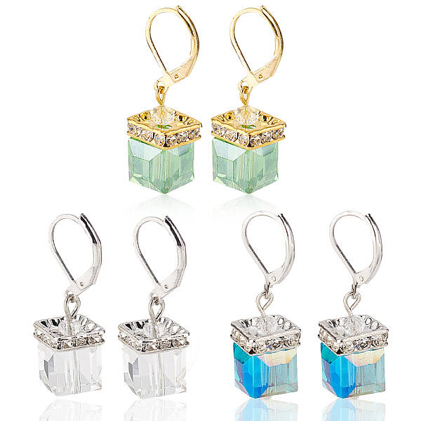 3 Pairs 3 Colors Bling Glass Cube Dangle Leverback Earrings