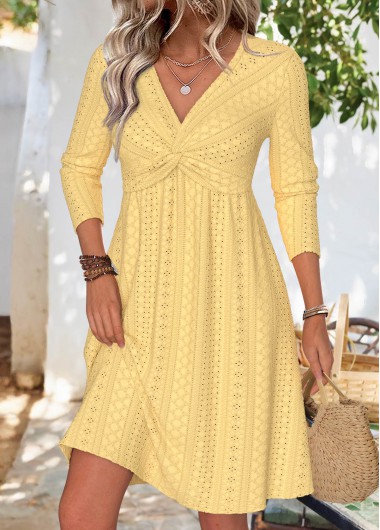 Modlily Light Yellow Long Sleeve V Neck Dress - XL