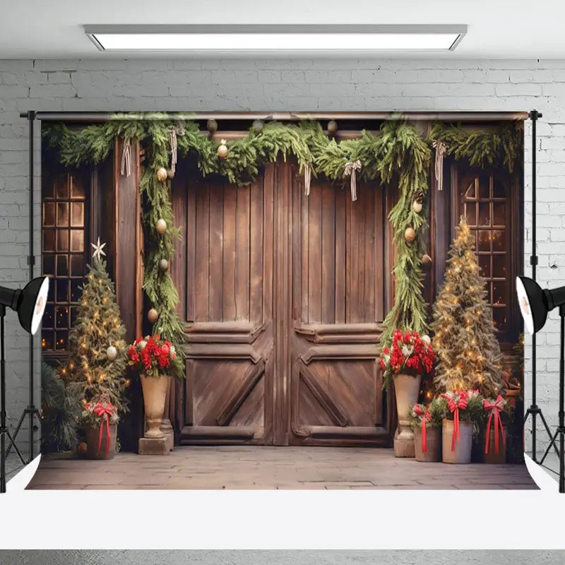 Aperturee Elegant Wooden Door Decorated Xmas Tree Backdrop