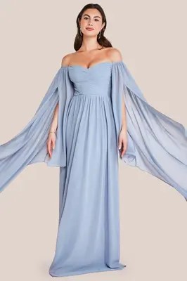 Goddiva Chiffon Off The Shoulder Maxi With Cape Sleeves - Blue