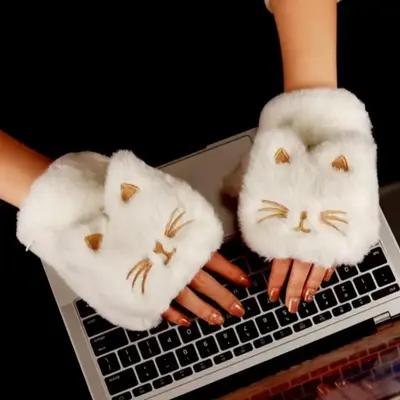 Cute Cat Design Electric Heated Gloves, 2000mAh Battery Fingerless Plush Cat Winter Heating Warming Gloves, Household Gloves...