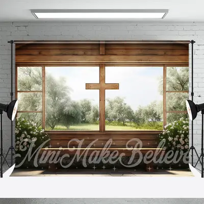 Easter Spring Wood Cross Church Window Photo Backdrop - Aperturee
